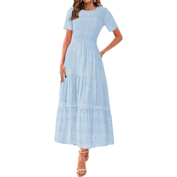 Women Summer Boho Floral Maxi Dress Linen Crew Neck Tiered Flowy Casual